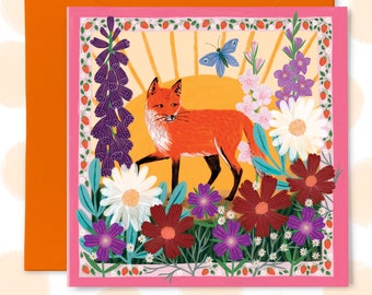 Summer Fox Greetings Card, Colourful, Summer Theme, Card for Mum, Floral Card for Her, Birthday Card