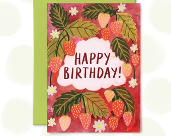 Strawberries Happy Birthday Card, Hand Illustrated, Fraises, Fruits Greetings Card, Gifts, Summer Birthday