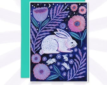 Moon Bunny Mother Greetings Card, Blank Inside, Celestial, Nature, Rabbit, Hand Drawn