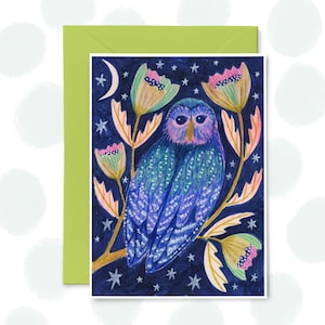 Carte de voeux hibou de minuit, intérieur vierge, nature magique, carte pour amoureux de la nature, carte d'anniversaire amateur de hibou