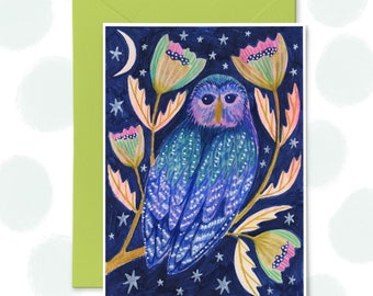 Midnight owl Greetings card, Blank Inside, Magical Nature, Card for Nature Lover, Owl Lover Birthday Card