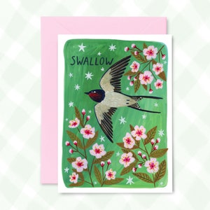 Tarjeta de felicitación con golondrinas, pájaros de jardín británicos, aves voladoras, vida silvestre, tema de primavera