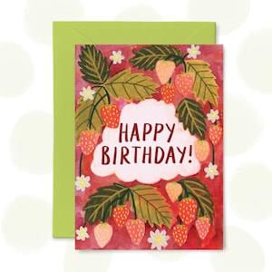 Tarjeta de feliz cumpleaños con fresas, ilustración hecha a mano, fresas, tarjeta de felicitación de frutas, regalos, cumpleaños de verano
