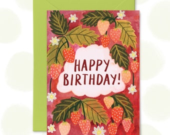 Carte de joyeux anniversaire aux fraises, Illustrations à la main, Fraises, Carte de voeux avec fruits, Cadeaux, Anniversaire d'été