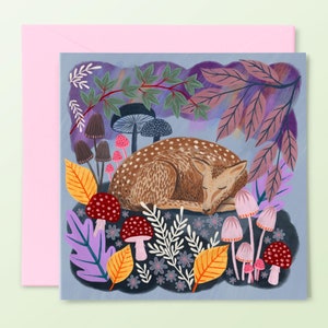 Carte de voeux chevreuil endormi, anniversaire d'automne, art de la forêt, champignons, amoureux de la nature
