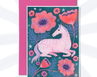 White Horse Greetings Card, Magical Happy Birthday, Card for Pony Lover, Horse Painting Art, Children's Gift