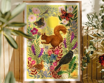 Sunshine Red Squirrel Wall Art Print: Nature Wall Decor, Floral Artwork