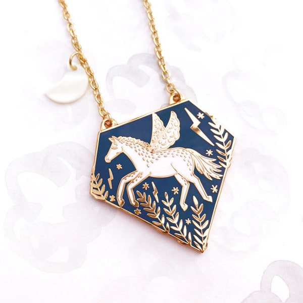 Pegasus Enamel Pendant Necklace - Gold, Celestial Jewellery, Gift for Horse Lover, Pegasus Necklace, Winged Horse