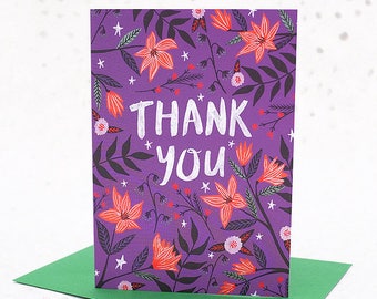 Thank You Card - Purple Floral, Greetings Card, Blank Card