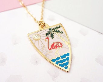 Summer Personalised Birthstone Pendant - Gold, Flamingo Necklace, Tropical Jewellery