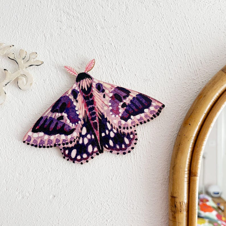 Wooden Moth Wall Decoration - Purple, Maximalist Home Decor, Insect Ornament, Nature Lovers Gifted, Artful Cottagecore, Moth Art Oddity