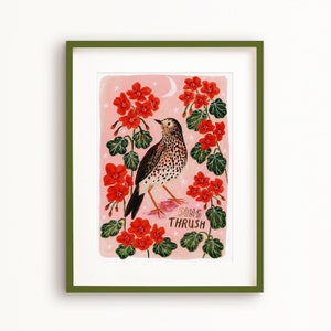 Song Thrush Bird Art Poster, British Garden Birds, Art Print, Nature Illustration