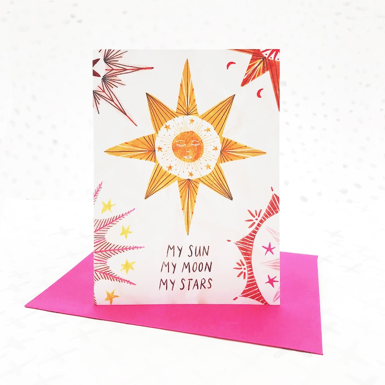 Celestial Bodies Sun, Moon and Stars Greetings Card, blank card, anniversary card, love, valentines card image 1