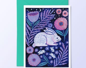 Moon Bunny Mother Card: Celestial Rabbit Painting, Wildlife Art