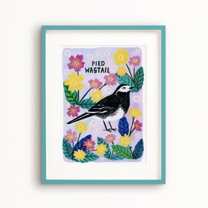 Pied Wagtail Bird Art Poster, British garden Birds, Art Print, Nature Illustration