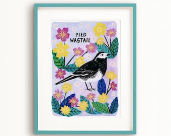 Pied Wagtail Bird Art Poster, British garden Birds, Art Print, Nature Illustration