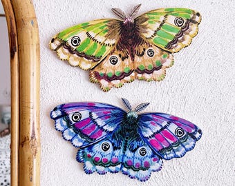 Wooden Emperor Moth Wall Decoration, Cottagecore Art, Colourful Artful, Insect Ornament, Maximalist Home Decor, Nature Lovers Gifted,