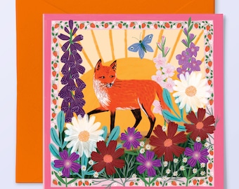 Summer Fox Greetings Card, Colourful, Summertime Theme, Card for Mum, Floral Card for Her, Colourful Birthday Card