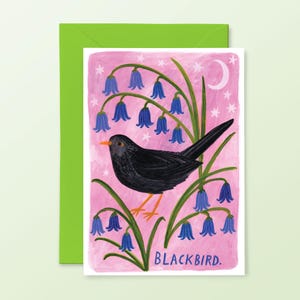 Tarjeta de mirlo, pájaros de jardín británicos, ilustración a mano, estilo pictórico, tarjeta de notas