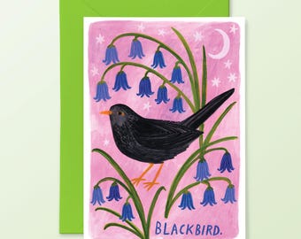 Blackbird Card, British Garden Birds, Hand Illustrated, Painterly, Notecard