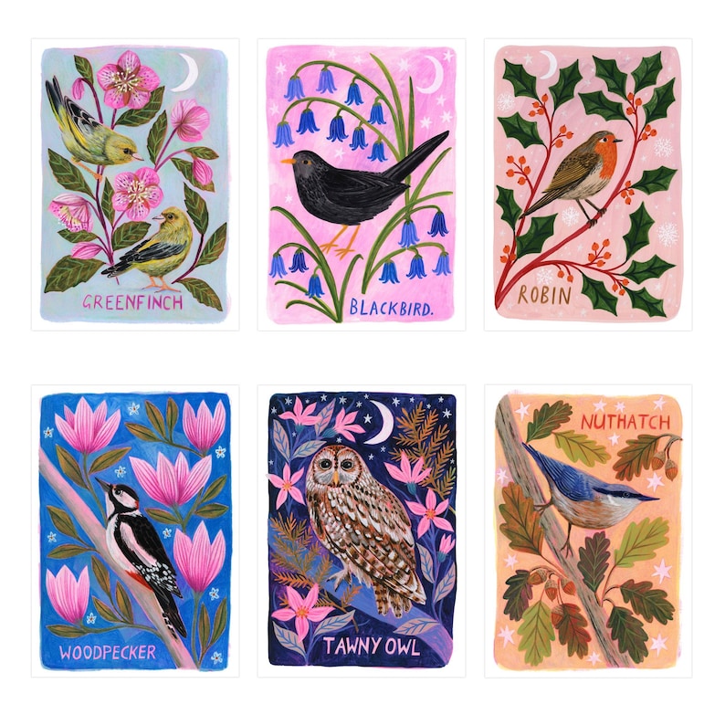 Pu&ograve; includere: Un set di sei stampe artistiche rettangolari con illustrazioni di uccelli: un verdone con fiori rosa, un merlo con campanule, un pettirosso con agrifoglio, un picchio con fiori rosa, un allocco con fogliame e un picchio muratore con foglie di quercia.