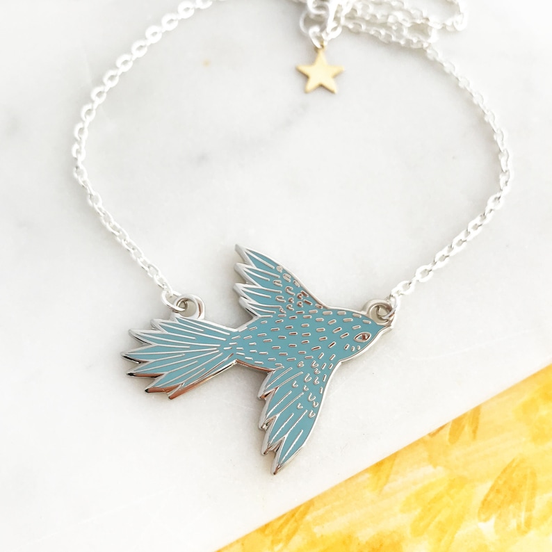 Flying Bird Enamel Necklace Sky Blue, Bird Jewellery, Colourful Accessories, Gift for Bird Lover Silver Plated