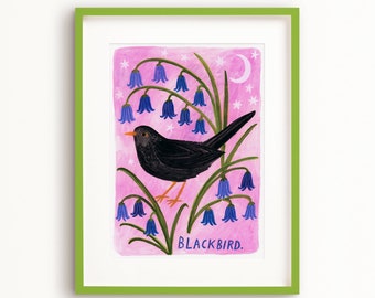 Blackbird Hand Painted Art Print, Natural Home Decor, Garden Bird Gifts, Colourful Artful, Black Bird Decoration, Birding, Gardener's Gift