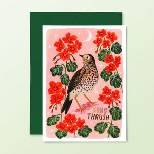 Tarjeta de felicitación con zorzal común, arte de aves de jardín británicas, tarjeta con notas sobre la naturaleza