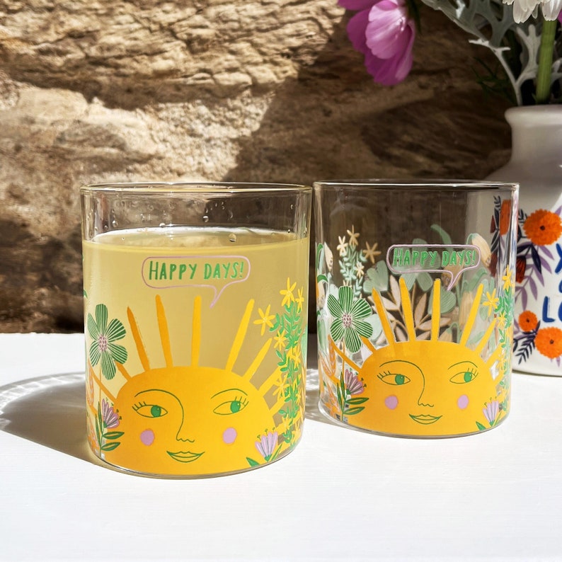 Set of Two Juice Glasses Happy Days, Drinking Glasses, Drinkware, Glass Tumblers, Housewarming, Gift Boxed image 1