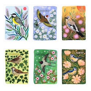 Pu&ograve; includere: Un set di sei stampe artistiche rettangolari con uccelli e flora dipinti a mano. Le illustrazioni raffigurano una cinciallegra, un cardellino, una ghiandaia, un passero, una rondine e una cinciarella, ognuna etichettata con il proprio nome.