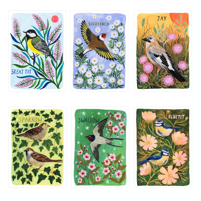 Pu&ograve; includere: Un set di sei stampe artistiche rettangolari con uccelli e flora dipinti a mano. Le illustrazioni raffigurano una cinciallegra, un cardellino, una ghiandaia, un passero, una rondine e una cinciarella, ognuna etichettata con il proprio nome.