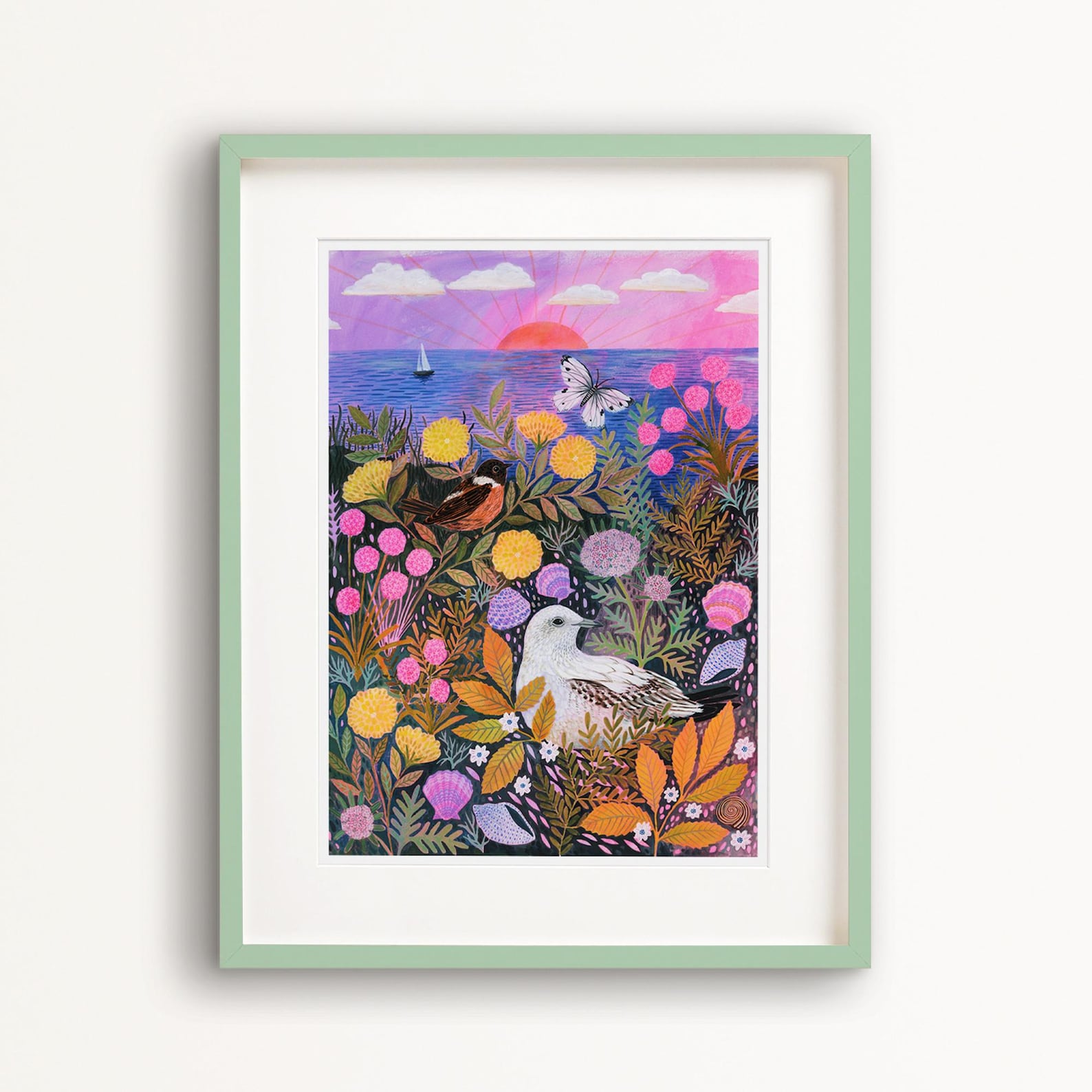 Coastal Meadow Art Print: Sunset Sea View Painting - A3 - Medium