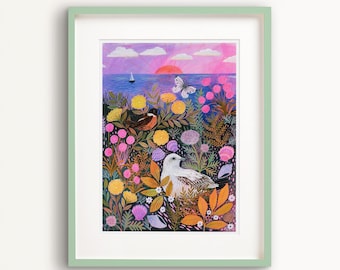 Coastal Sea View Art Print, Artful Sunset Wall Art, Clifftop Nature Wall Art, Calming Landscape Painting, Bird Home Decor, Gift for Hiker