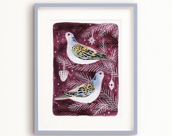 Turtle Doves Christmas Art Poster, Nature Art, Festive Decor, Purple Wall Art