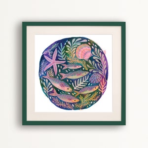 May include: A watercolor painting of a circular design featuring a starfish, fish, and seashells in shades of pink, blue, green, and purple.