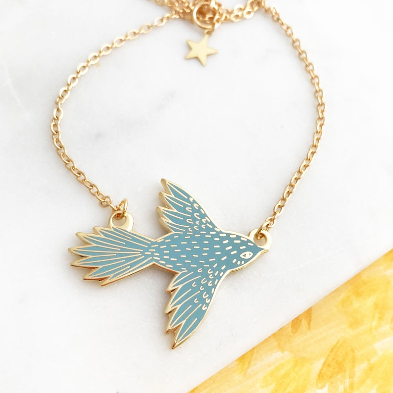 Flying Bird Enamel Necklace Sky Blue, Bird Jewellery, Colourful Accessories, Gift for Bird Lover Gold Plated