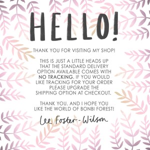 May include: A watercolor-style graphic with the word "HELLO!" in large, dark letters. The text below thanks visitors and provides information about shipping options. The background features a delicate floral pattern in pink and beige.