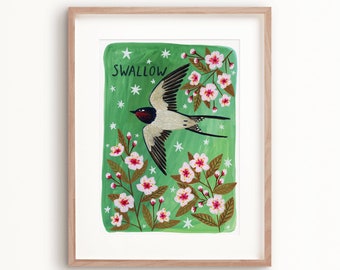 Swallow Bird Art Poster, British Garden Birds Art Print, Green Decor, Bird Painting