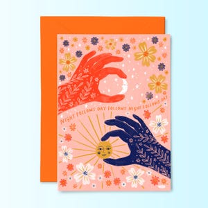 Tarjeta de felicitación La noche sigue al día, tarjeta ilustrada con el sol y la luna celestiales, Noche y día