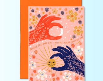 Night Follows Day Greetings Card, Illustrated Celestial Sun and Moon Card, Night and Day