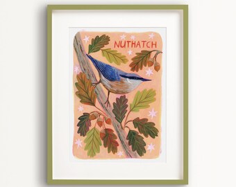 Nuthatch Bird Art Print, Artful Cottagecore Wall Art, Decorative Bird Gift, Oak Leaf Artwork, Birding Gifts, Gift for Gardener