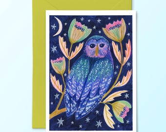Midnight Owl Greetings Card, Blank Inside, Magical Wildlife, Card for Nature Lover, Personalised Message