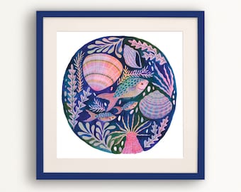 Rock Pool 4 Art Print, Ocean artwork, fish wall art, shell drawing, Sea Anemone, bathroom art, coastal decor, Various sizes