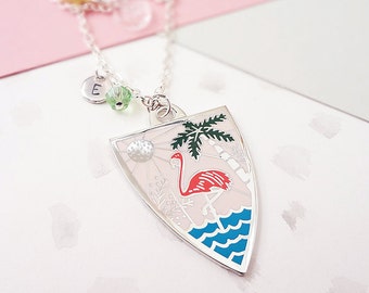 Summer Personalised Birthstone Pendant Necklace - Silver, Summer Jewellery, Flamingo, Initial Necklace