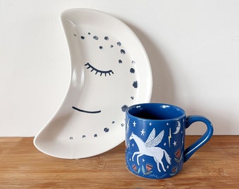 Children's Moon Plate and Mug Set - Milk and Cookies! Pegasus Mug, Pony Lover, gift for grandchildren