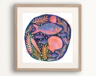 Fish and Shells Painting Art Print, Ocean artwork, Fish Painting Wall Art, Colourful Artful, Bathroom Decor, Coastal Home, Beach Person Gift