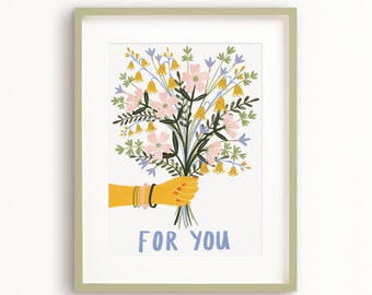 SALE! For You Bouquet Art Poster, Floral Art Print, Illustrated Bunch of Flowers, Wall Art, Thinking of you