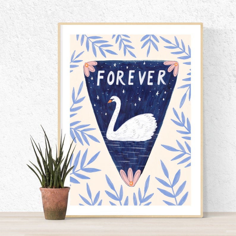 SALE Forever Swan Art Poster, art print, illustration, wedding gift, love art image 2