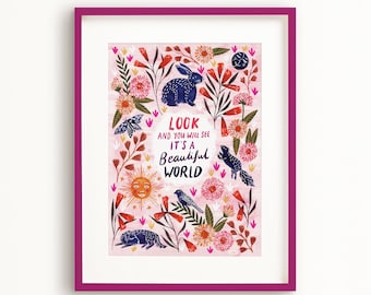 SALE! Beautiful World Art Print, Nature Home Decor, Pink Wall Art for Living Room, Inspiring Art Poster, Animal Drawing, Wildlife Nursery