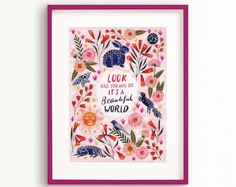 ¡VENTA! Hermoso cartel de arte mundial, impresión de arte ilustrado, decoración de pared rosa